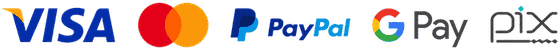 Formas de pagamento: Visa, Mastercard, PayPal, Google Pay e Pix